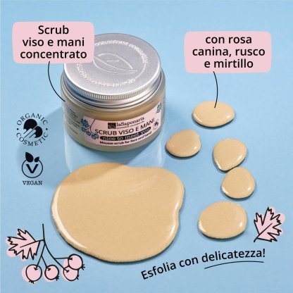 Scrub viso e mani con rosa canina, rusco e acqua costituzionale di mirtillo
